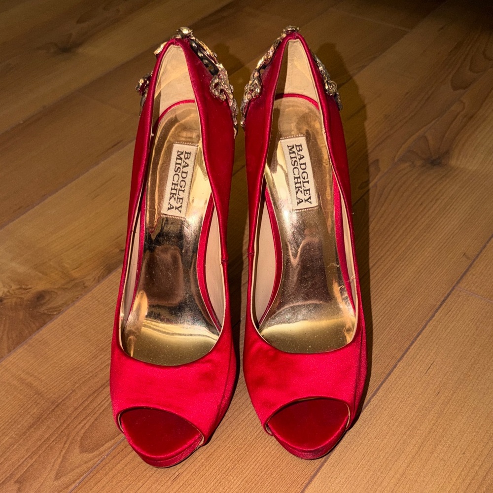 Badgley Mischka Red Satin Crystal-Embellished Peep-Toe Pumps